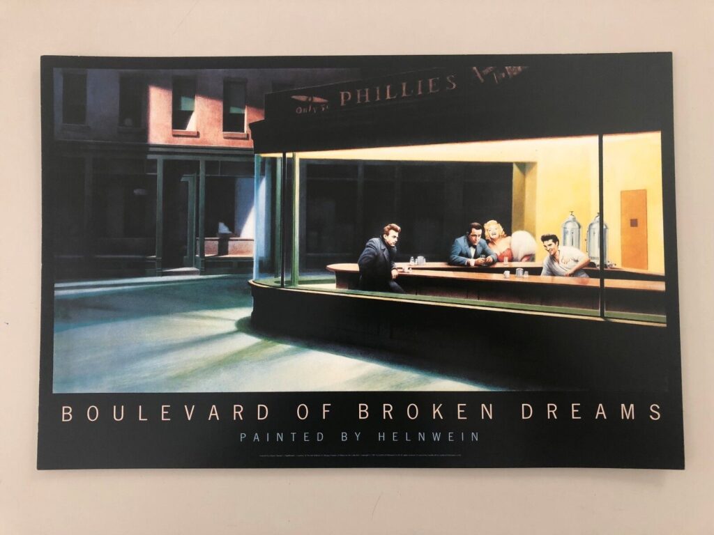 Boulevard of Broken Dreams
Painting by Helwein
The iconic Nighthawk's (i.e., James Dean, Humphry Boggart, Marilyn Monroe, Elvis Presly. 